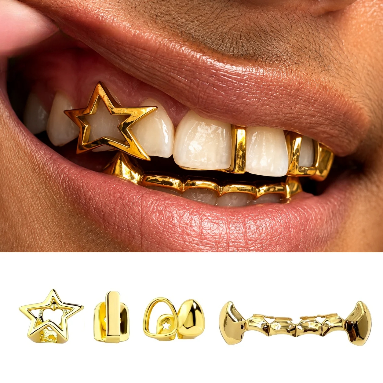 Men Accessories Pack - 4Pcs Set Grillz Berlapis Emas Aksesoris